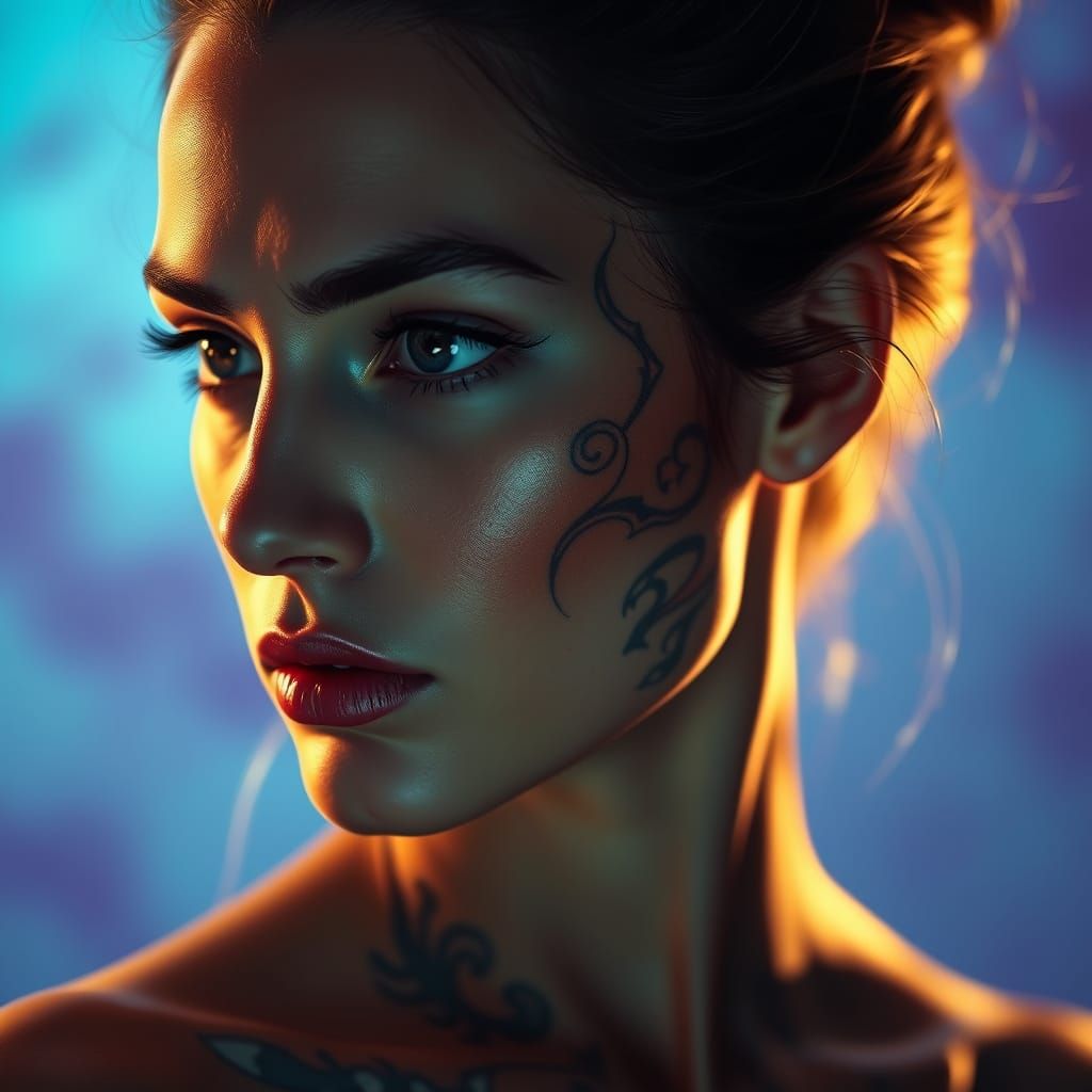 Woman with Elaborate Tribal Tattoo Gazing Intensely