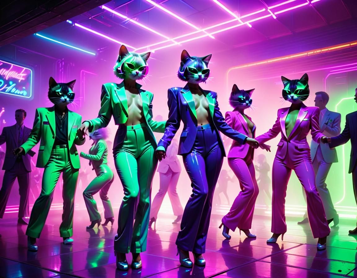 Cyberpunk Disco Kittens Dancing on Neon Stage