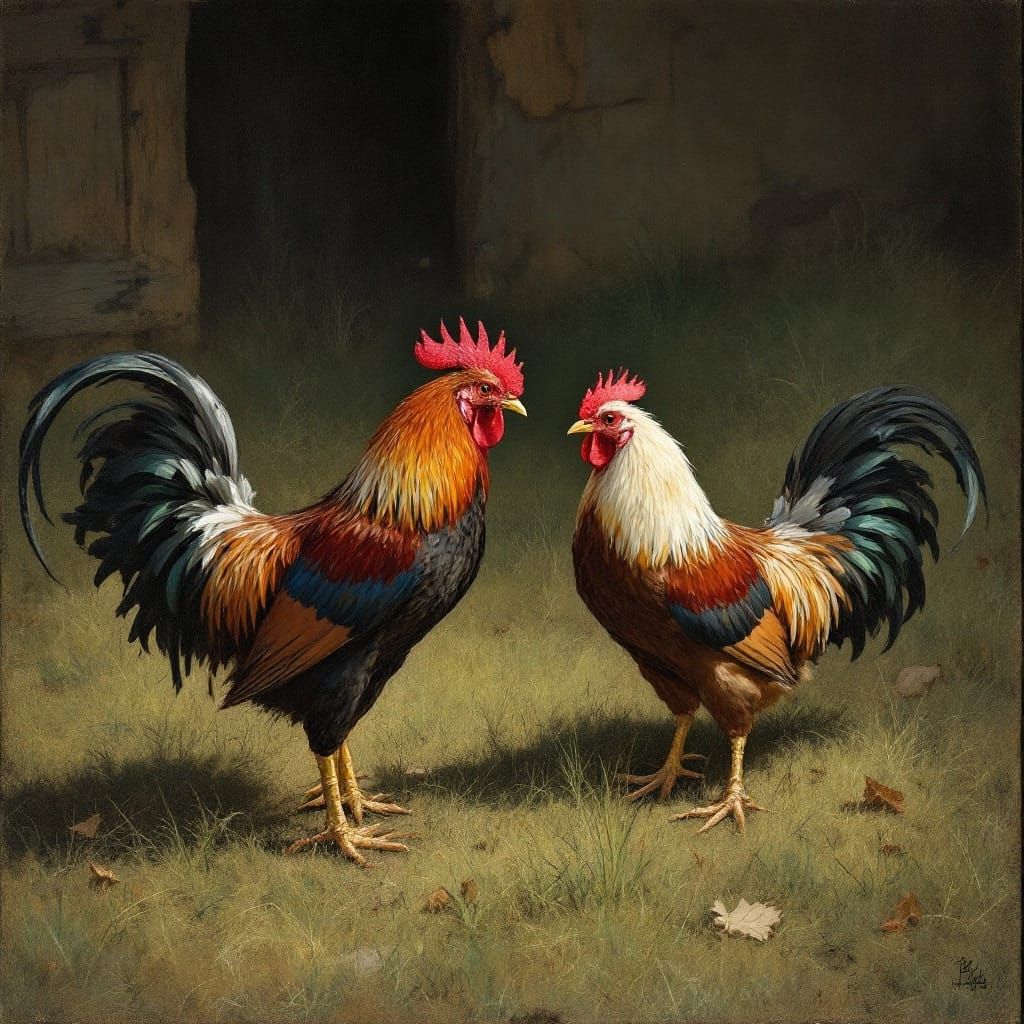 Roosters Face Off: Emotional Realism Art