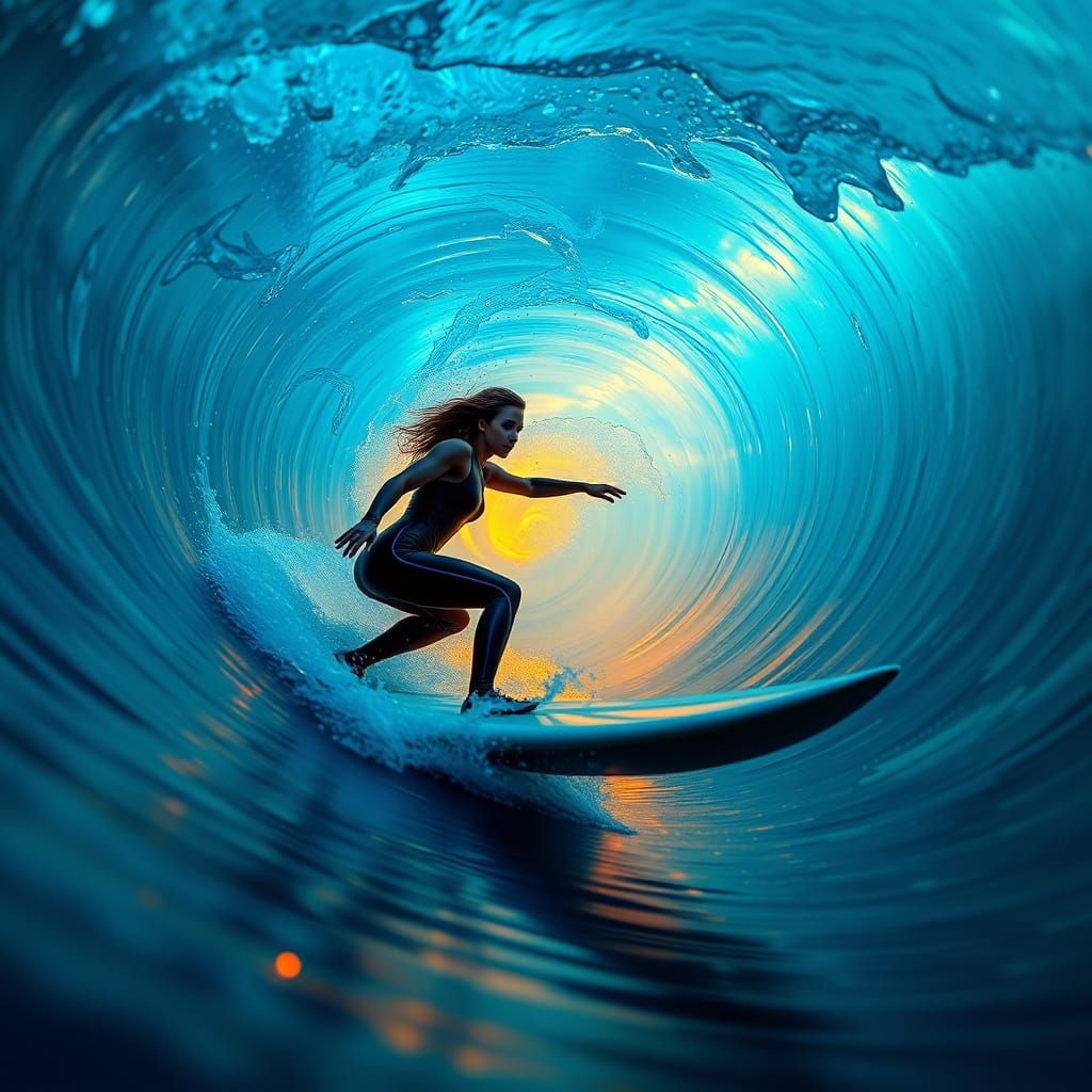 Sleek Surfer Rides Bioluminescent Pipeline at Night