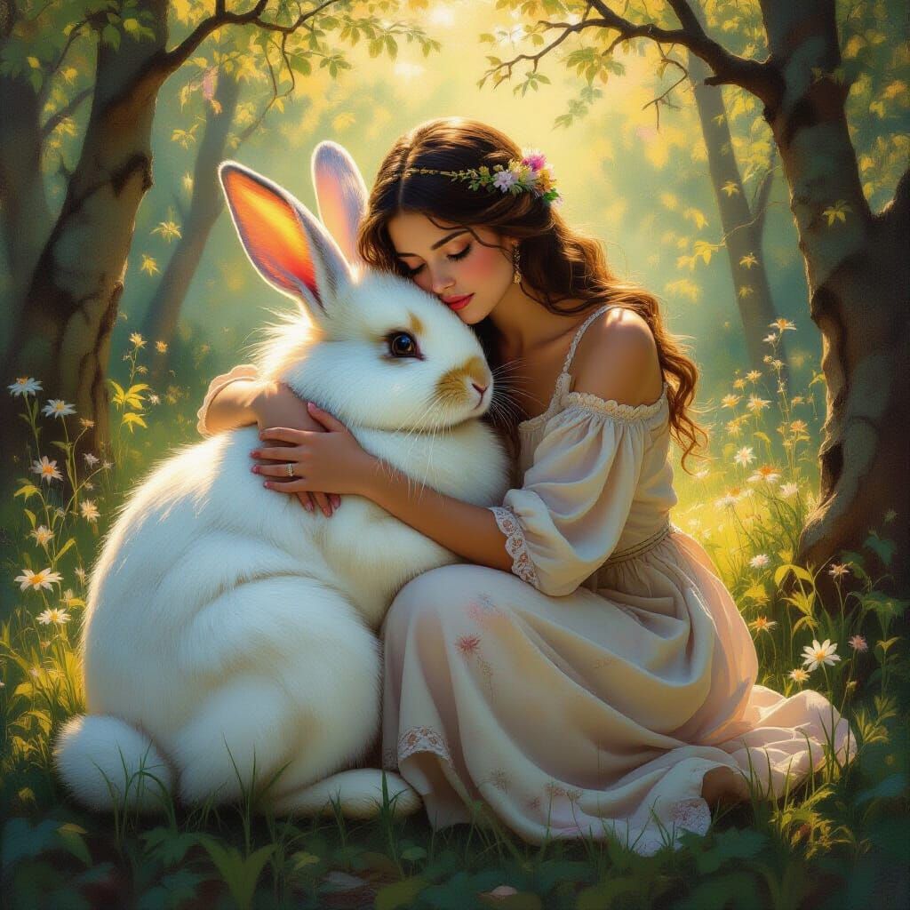 Art Nouveau Girl Embraces Cosmic Rabbit in Luminous Oil Pain...