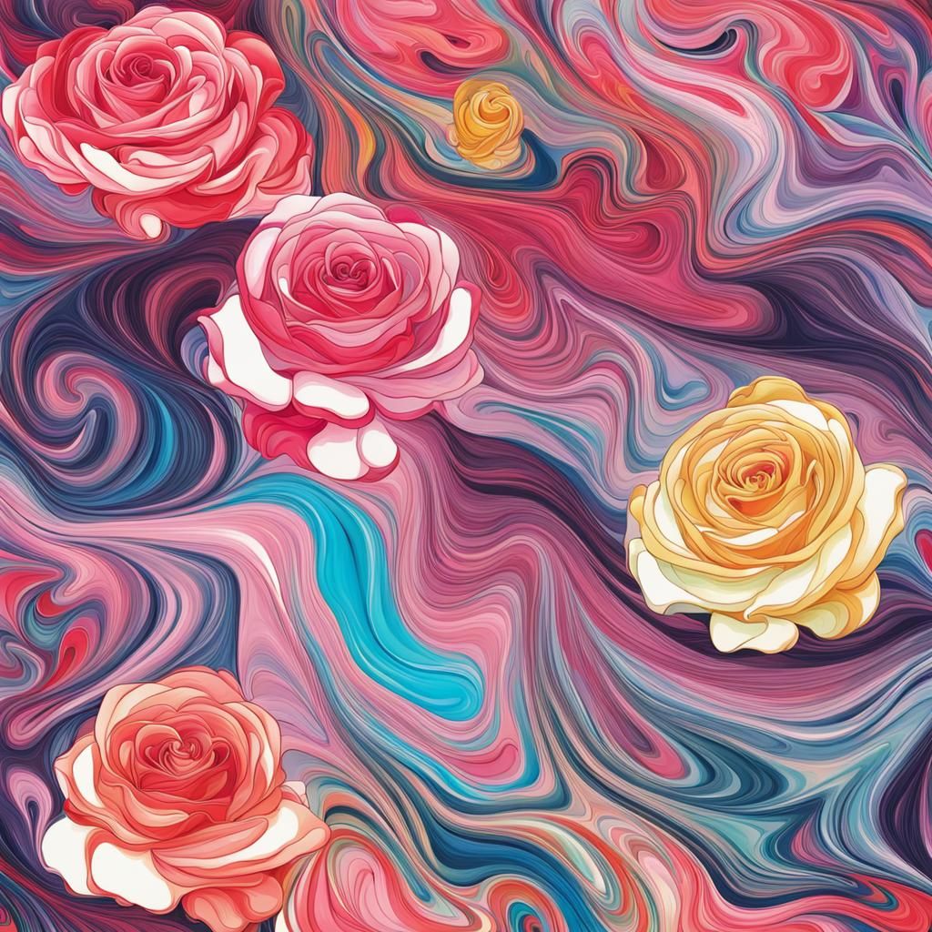 Abstract Marbling: Colorful Anime Princess Roses