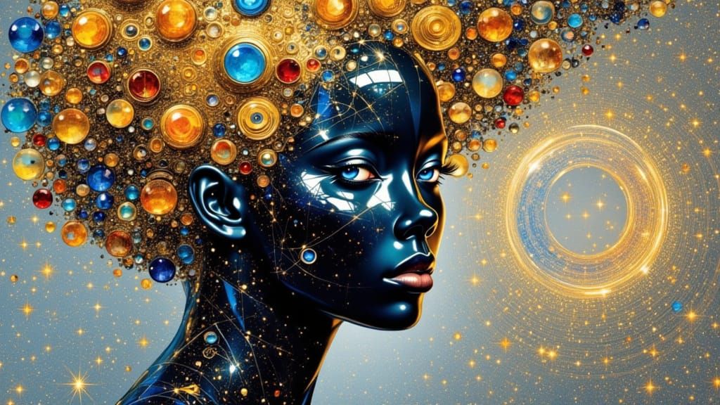 Klimt Style Woman with Gemstone Skin and Spaceship