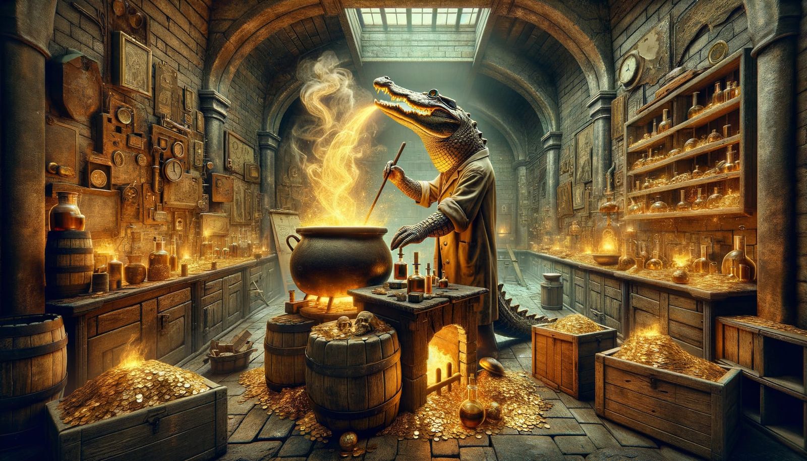 Whimsical Steampunk Alchemy Lab with Gold Alligator