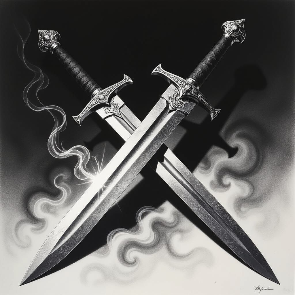 Hyperdetailed Charcoal Drawing of a Double-Edged Sword