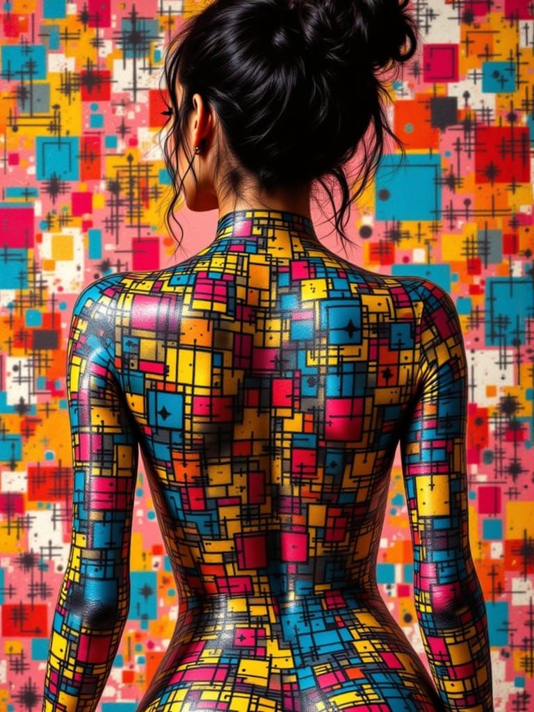 Woman Merges with Geometric Wall Art in Bosch-Kusama-Haring ...