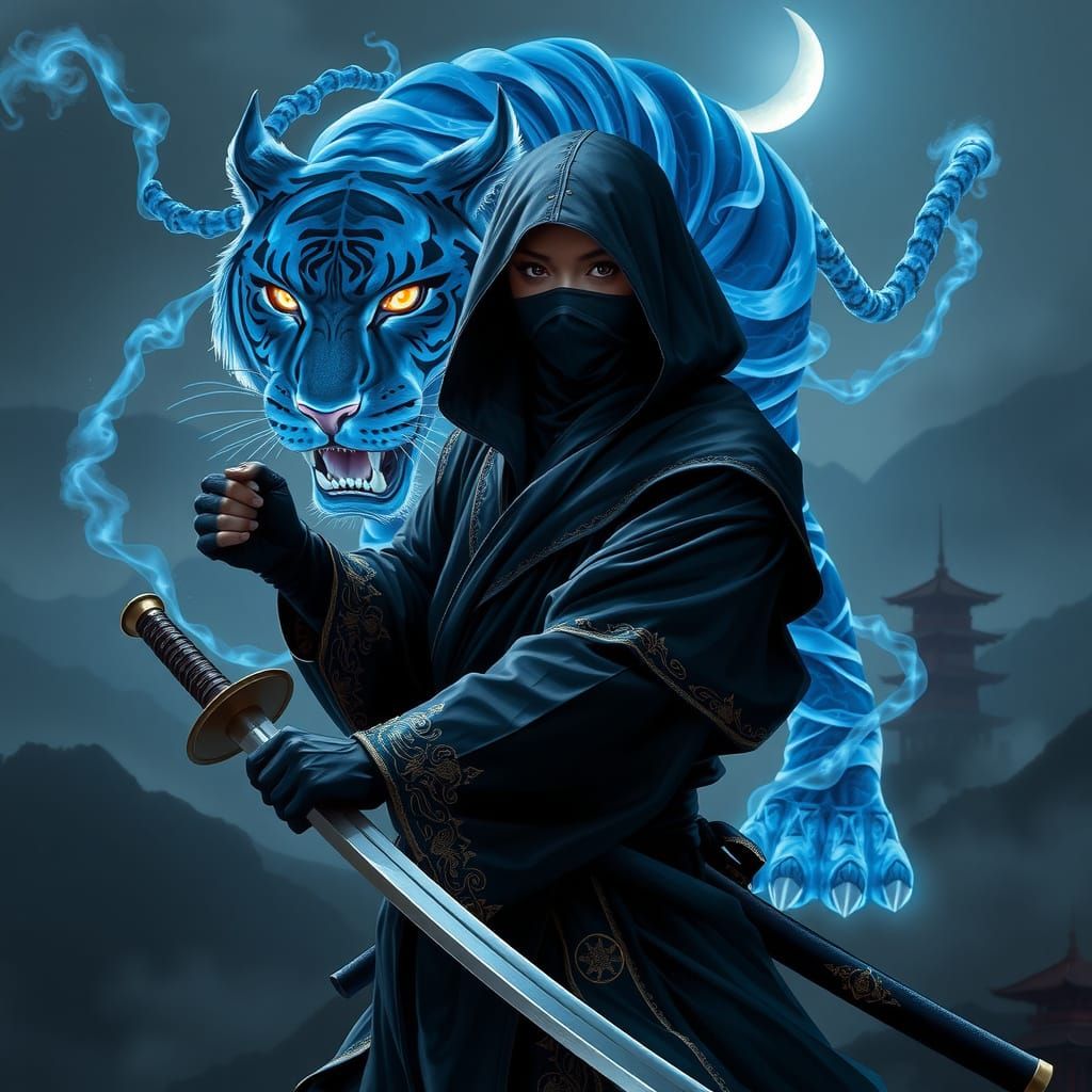 Female Ninja with Spectral Tiger, Digital Painting