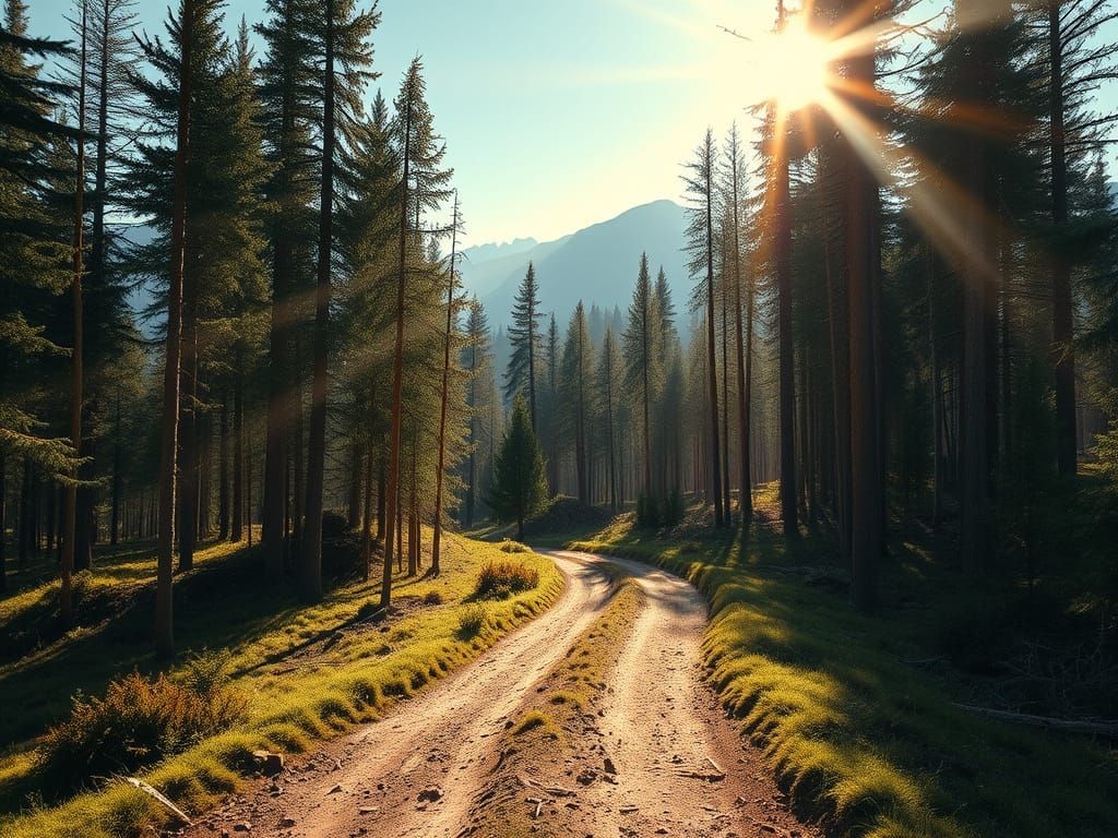 Sunlit Path Through Forest with Mountain Backdrop