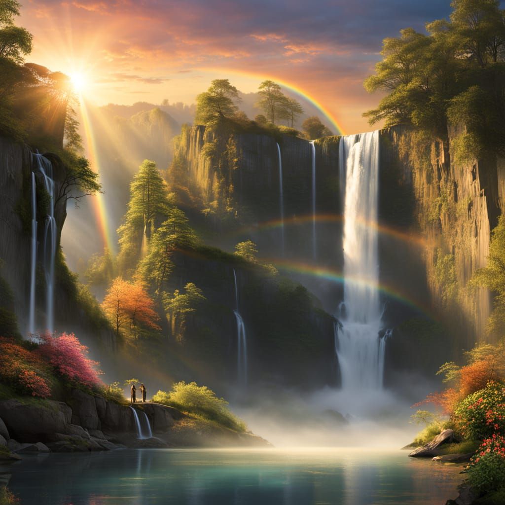 Ethereal Waterfall Dancer in Vibrant Sunset