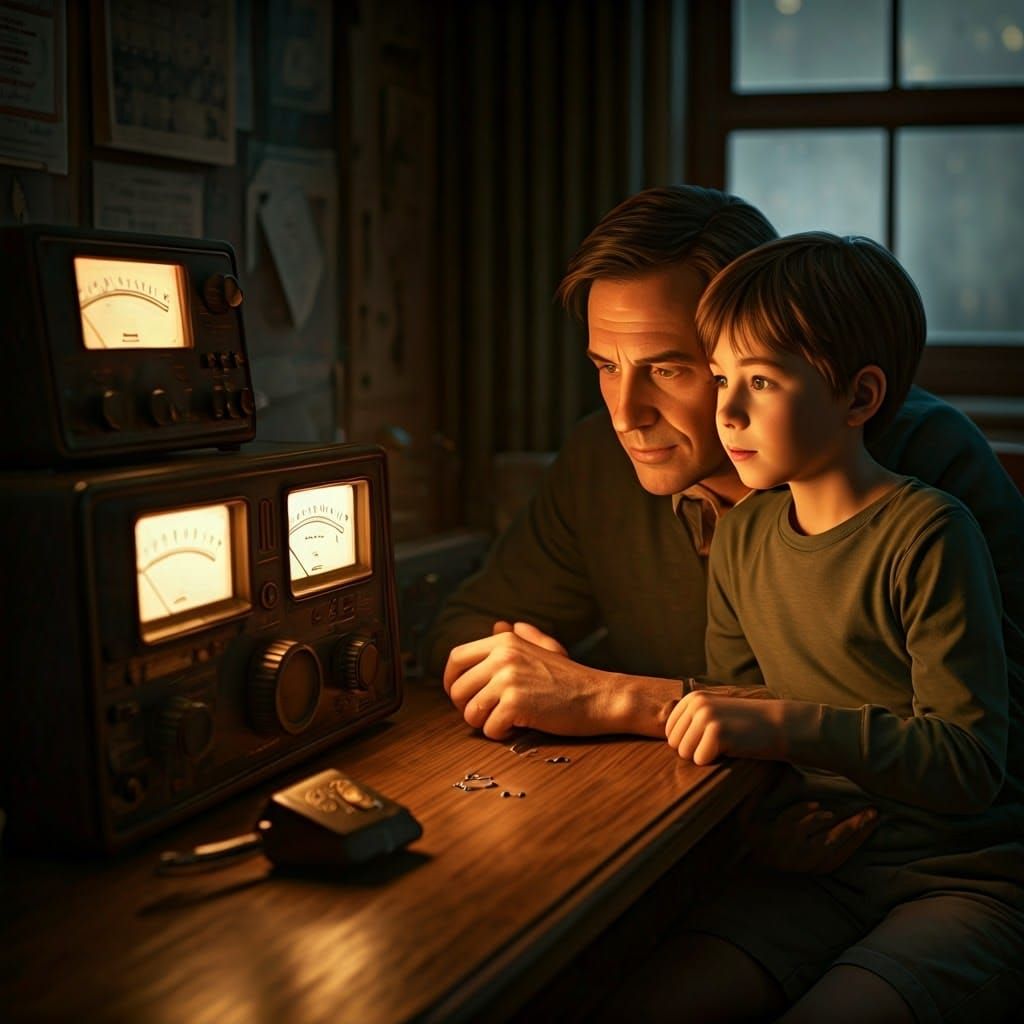 Boy Mesmerized by Father's Vintage Ham Radio