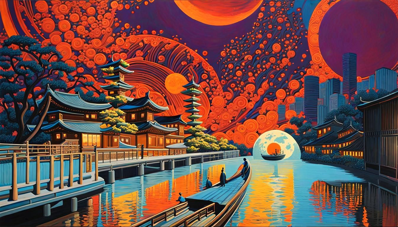 Bride's Shadow in City at Night as Impasto Painting