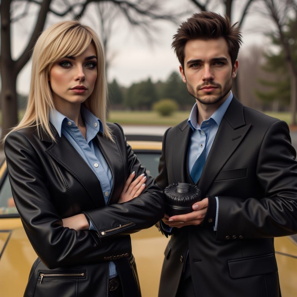 Woman in Leather Jacket Waxing Mustang Car