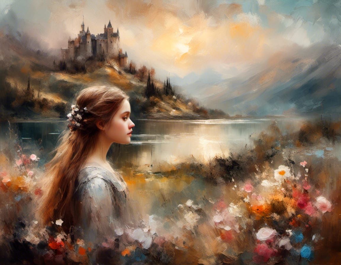 Young medieval princess in a heavenly landscape