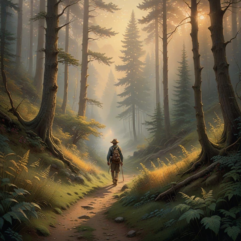 Enchanted Forest Traveler in Golden Hour Glow