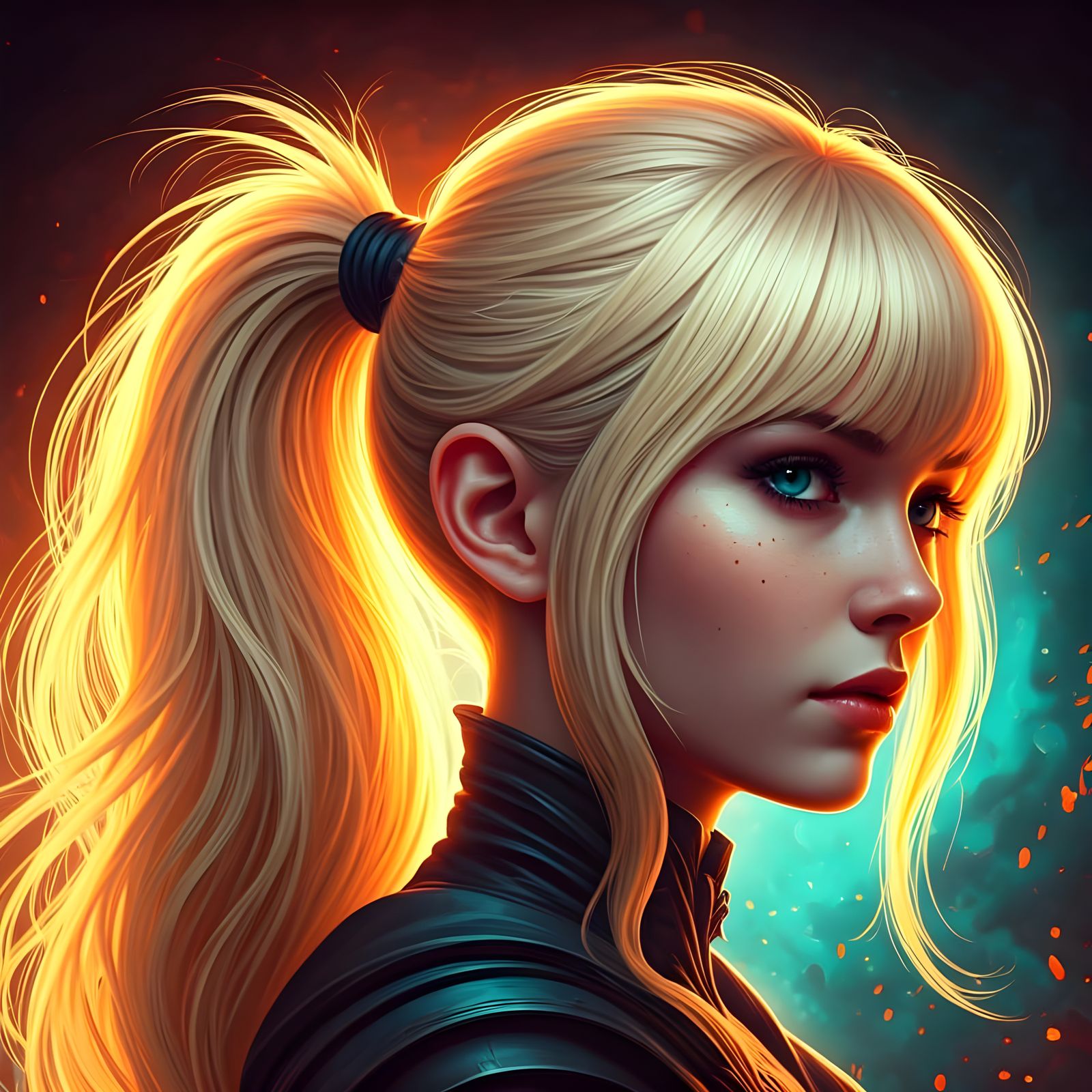 Dynamic Blonde Ponytail with Red Highlights, Digital Art