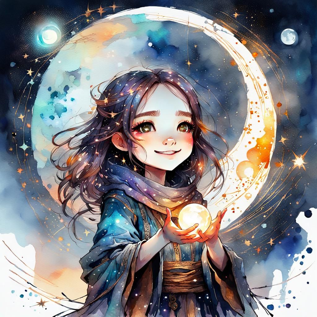 Chibi Magician Girl Casting Spell in Watercolor Style