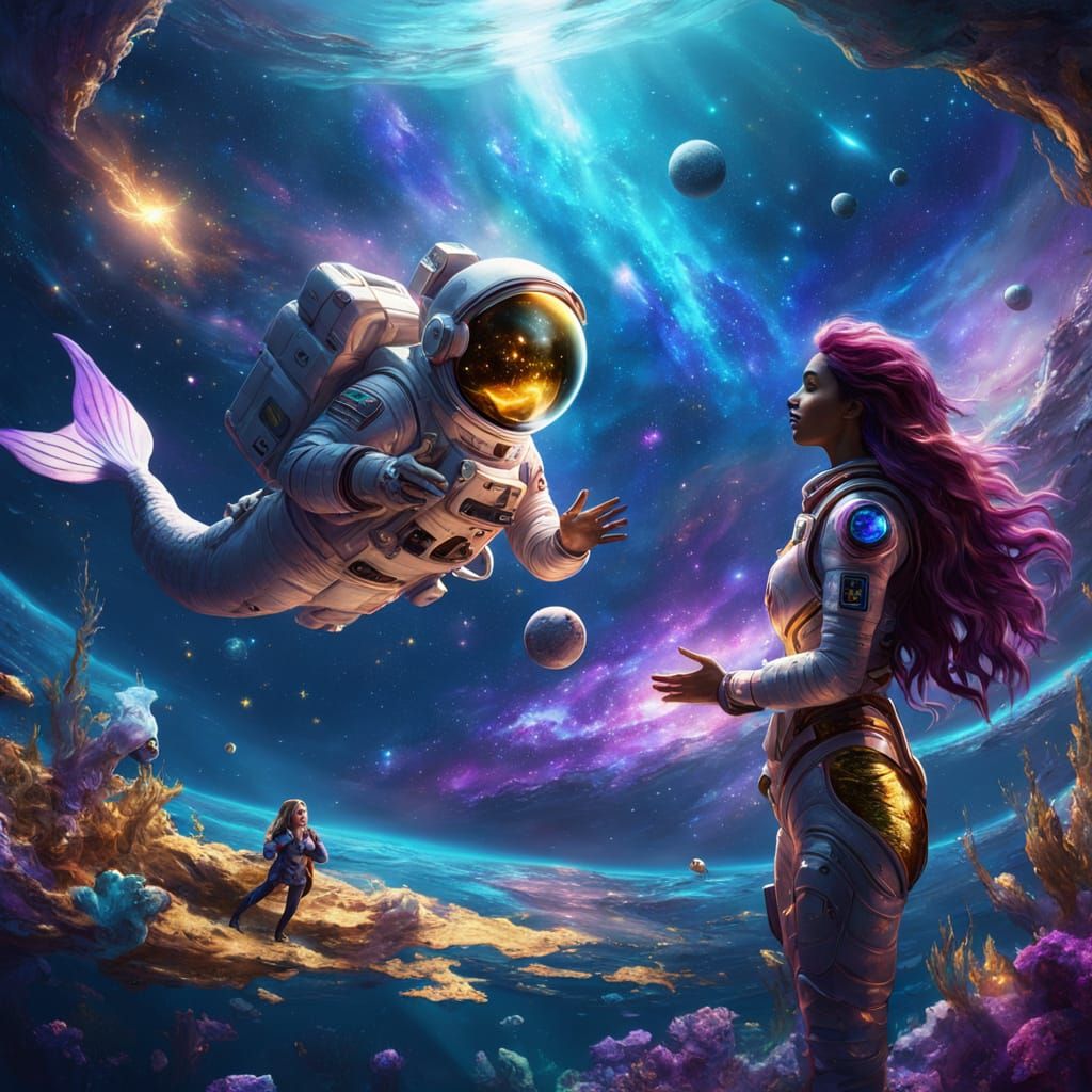 Mermaid and Astronaut in Space: Fantasy Concept Art