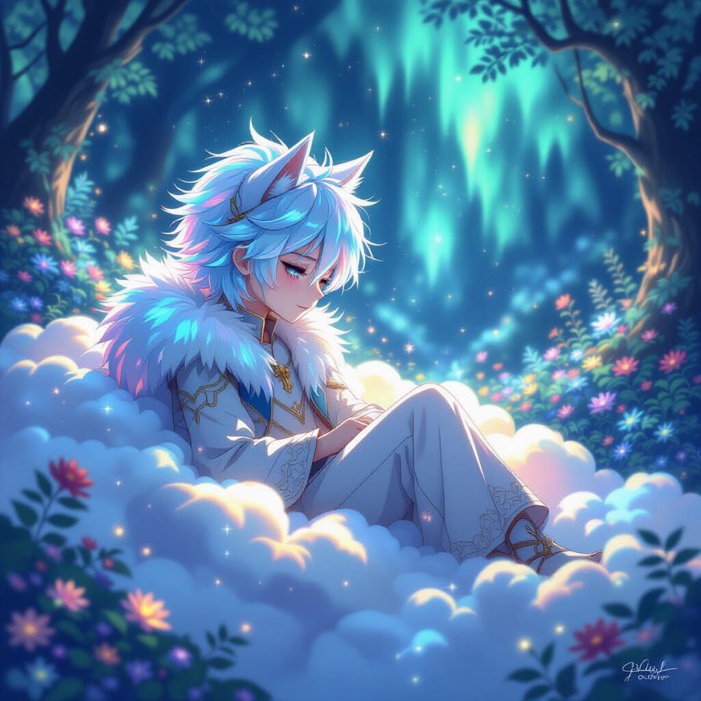 Ethereal Boy with Aurora Fur on Moonlit Cloud