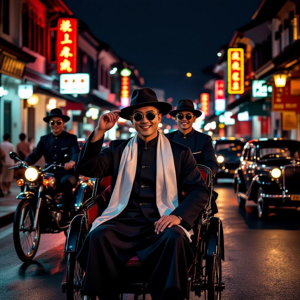 1930s Penang Street Scene with Grinning Rickshaw Rider