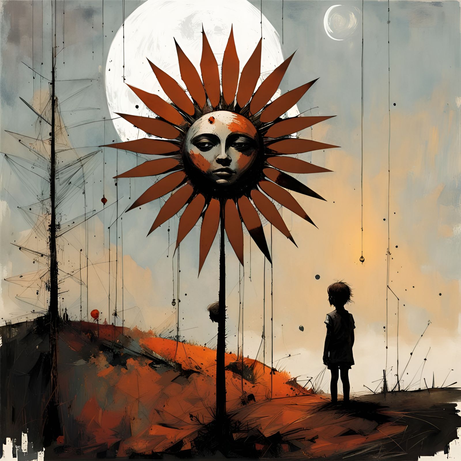 Children with Metal Sunflower on the Moon