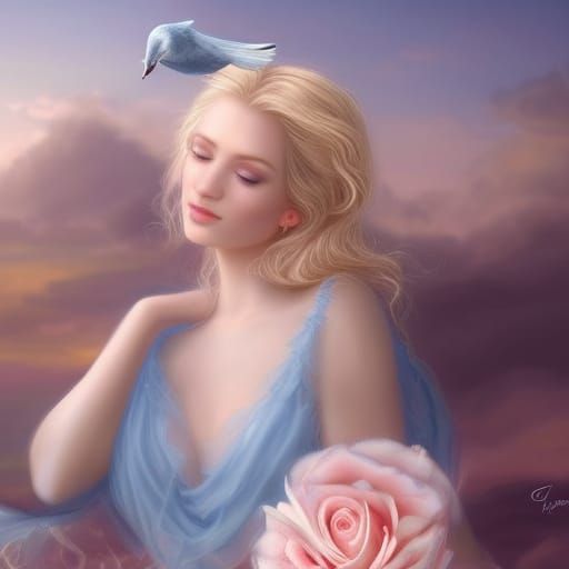 Classical Goddess Portrait with Doves and Roses