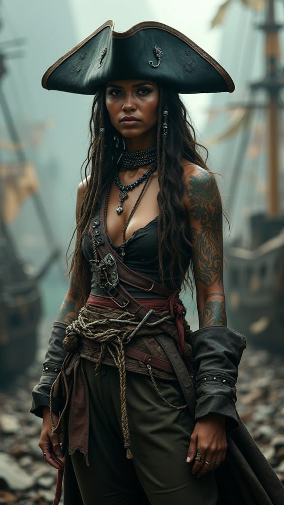 Native Caribbean Pirate Captain in Futuristic Lost Ships Cit...