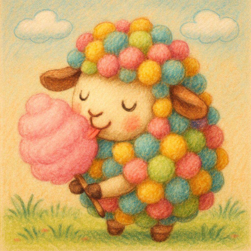 Whimsical Pom Pom Sheep Eats Cotton Candy