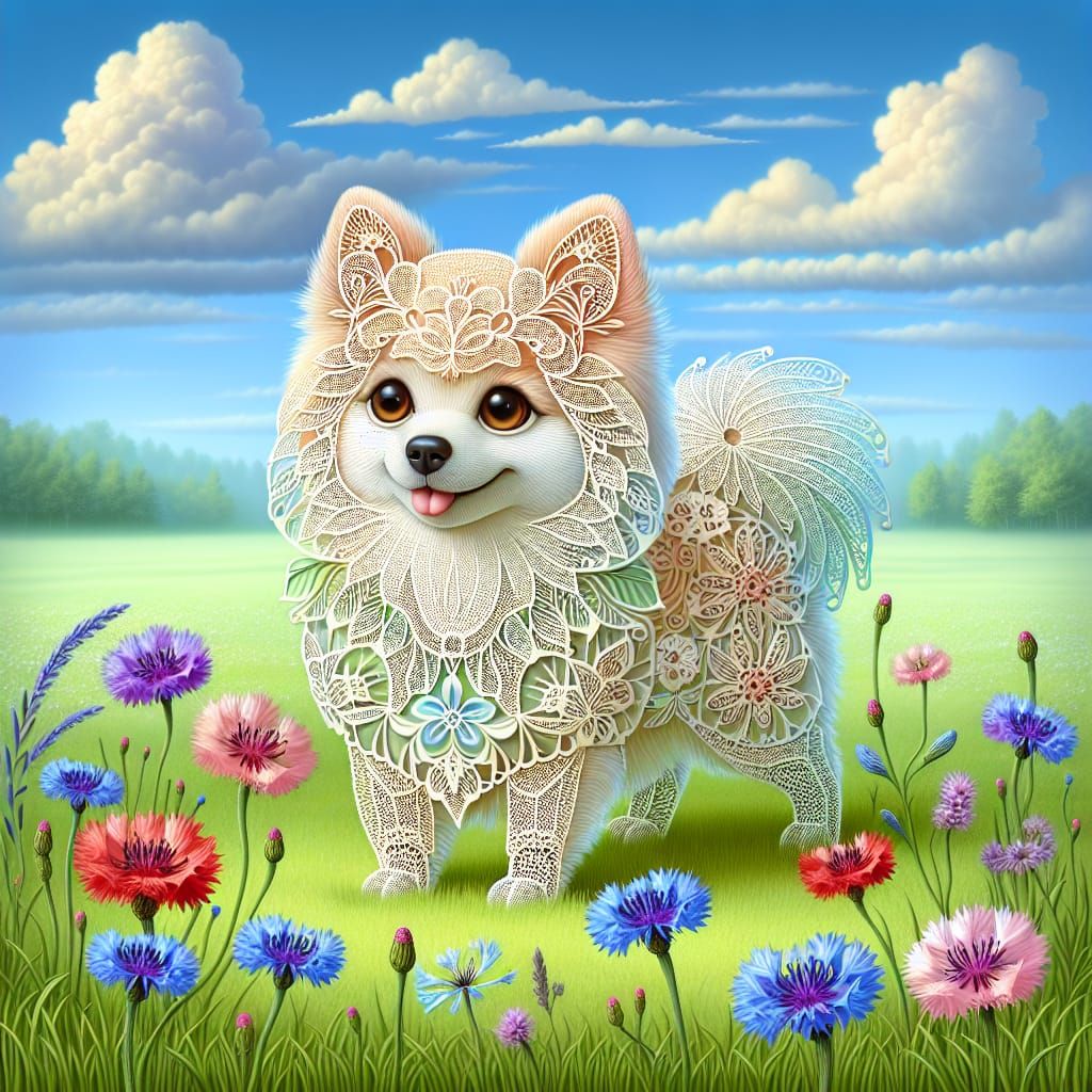 Lace Japanese Spitz in Cornflower Meadow