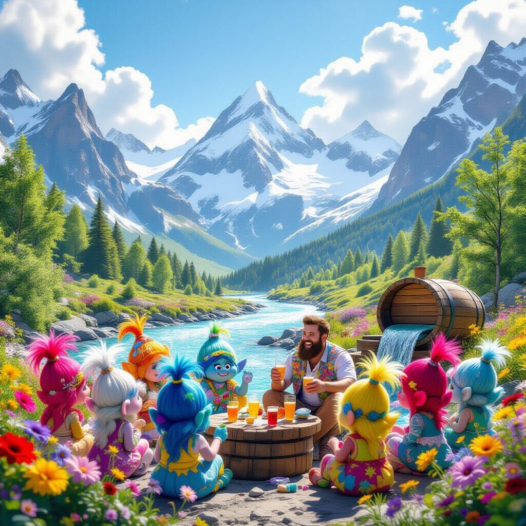 Trolls Party in the Mountains: Hyperrealistic Scene