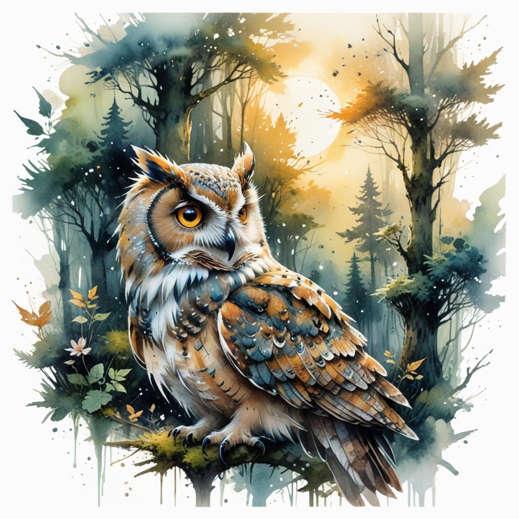 Surreal Owl Sanctuary Under Starlit Canopy