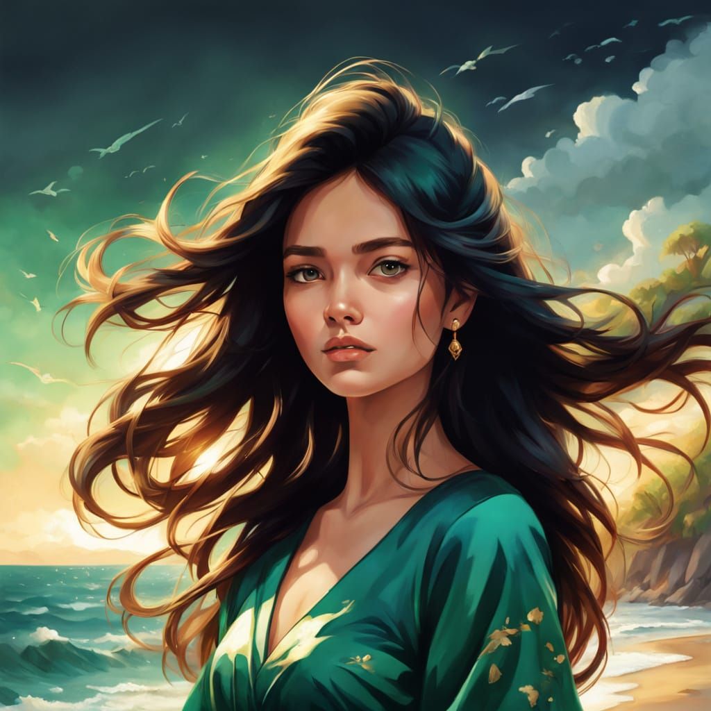 Brazilian Model in Emerald Dress: Oil Painting