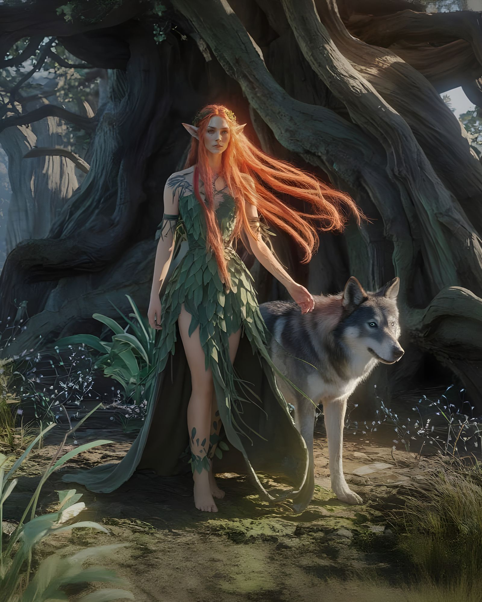 Elf Druid in Bioluminescent Forest, Intricate Linework