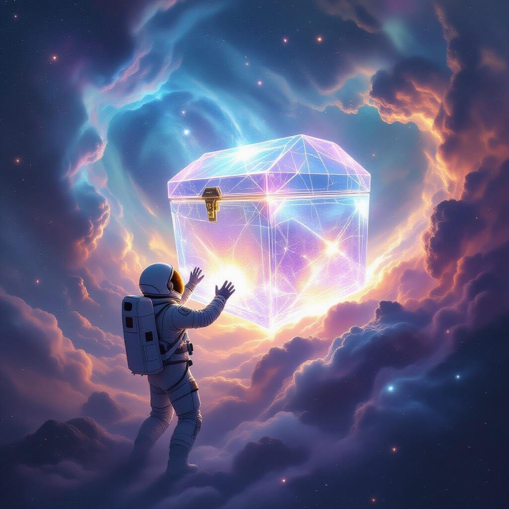 Astronaut Reaching for Crystal Treasure Chest in Nebula