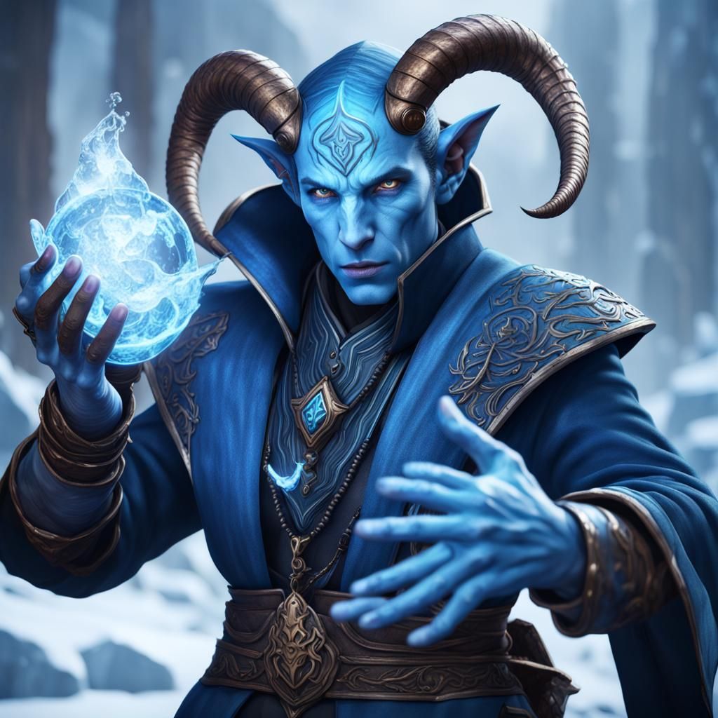 Blue Tiefling Ice Mage Casting Spell