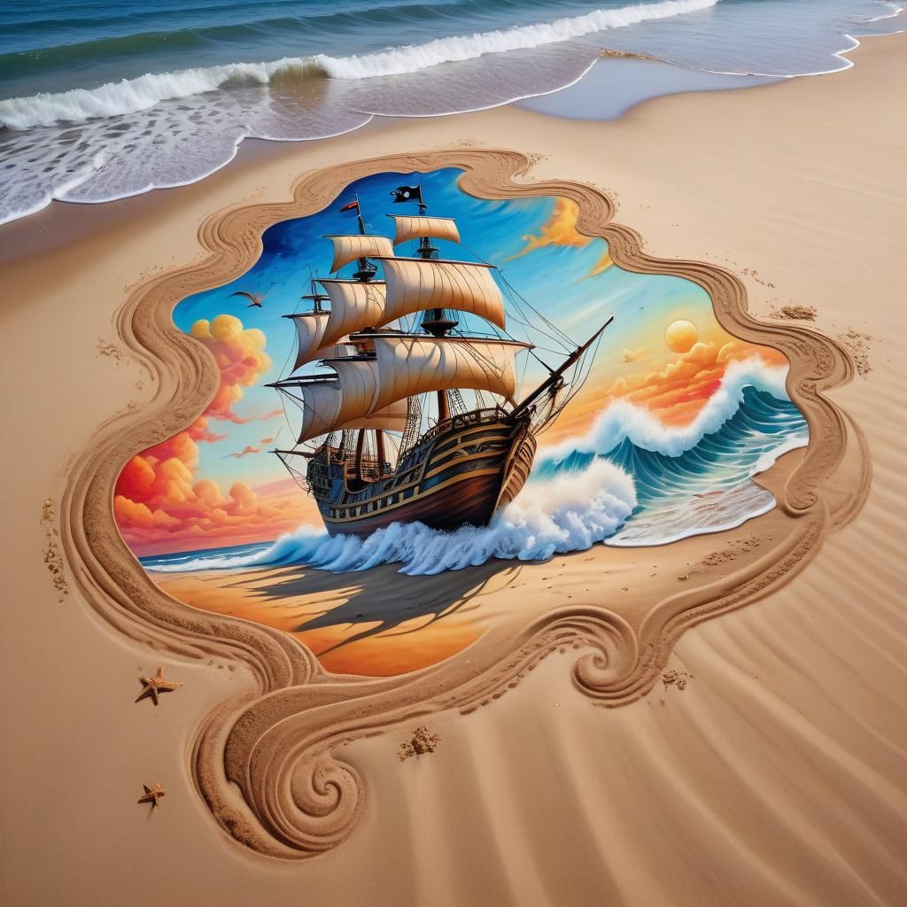 Colorful Beach Sand Painting of Pirate Ship