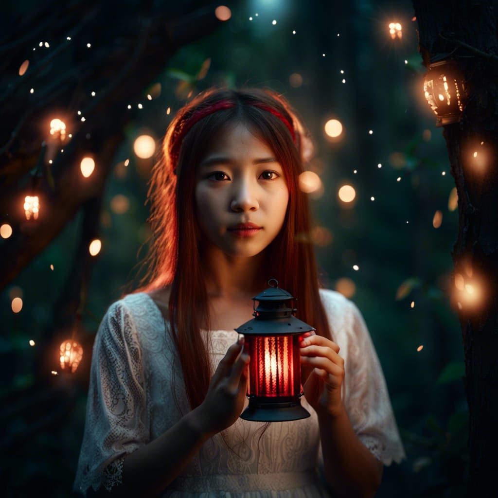 Girl with Lantern in Firefly Forest, Hyperdetailed Portrait