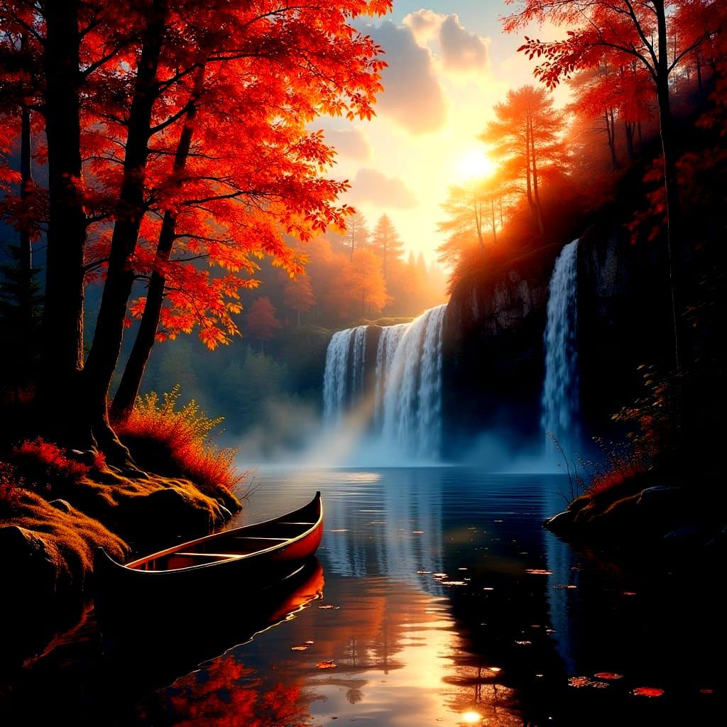 Surreal Autumn Waterfall Scene with a Glowing Canoe in Hyper...