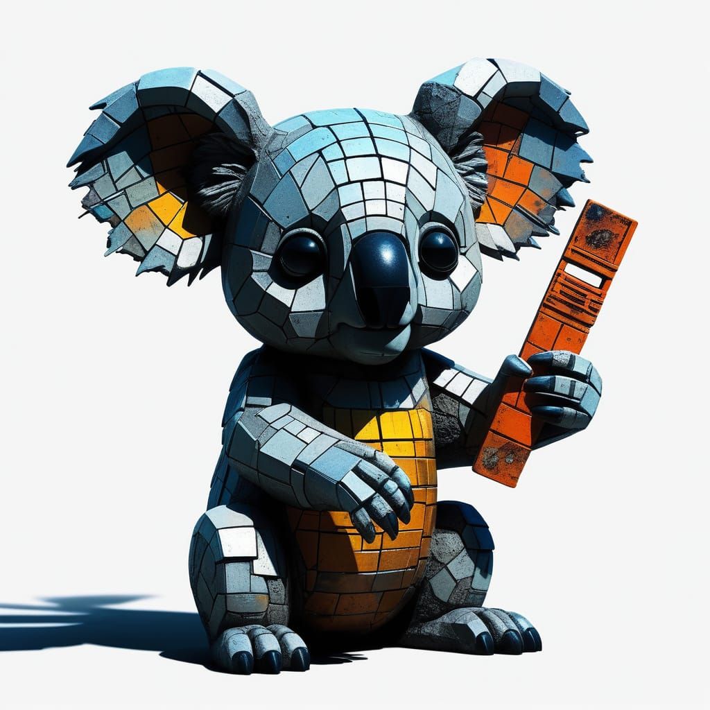 Cyberpunk Koala Sculpture in Neon-Adorned Alleyway