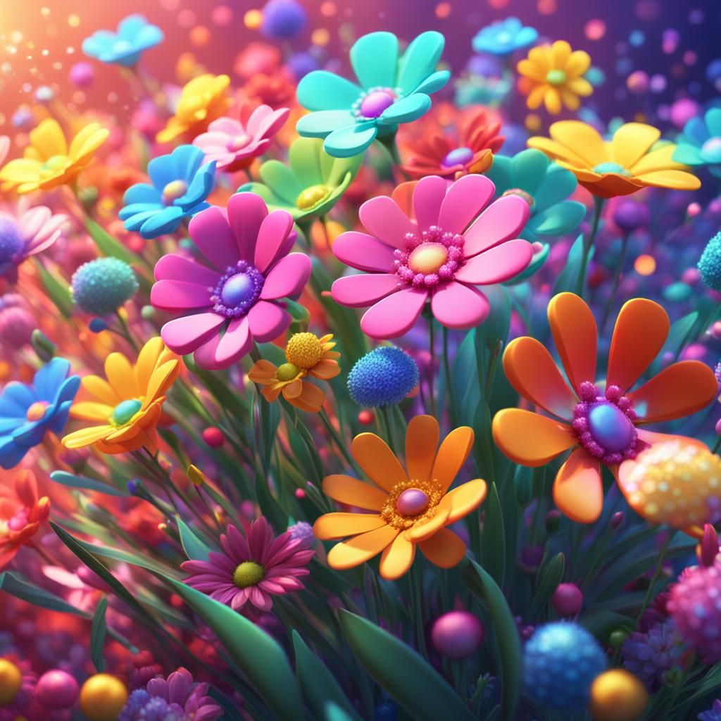 Colorful Sparkling Flowers: 3D Digital Art