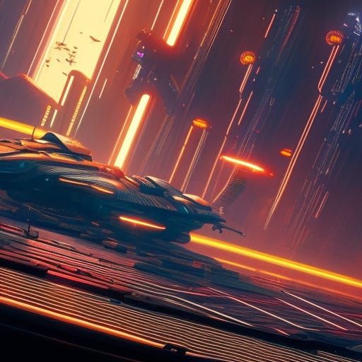 Cyberpunk Space Battle in Epic Fantasy Landscape
