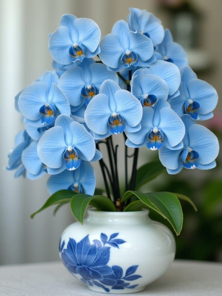 Blue Orchid in Chinese Porcelain Vase with Volumetric Light