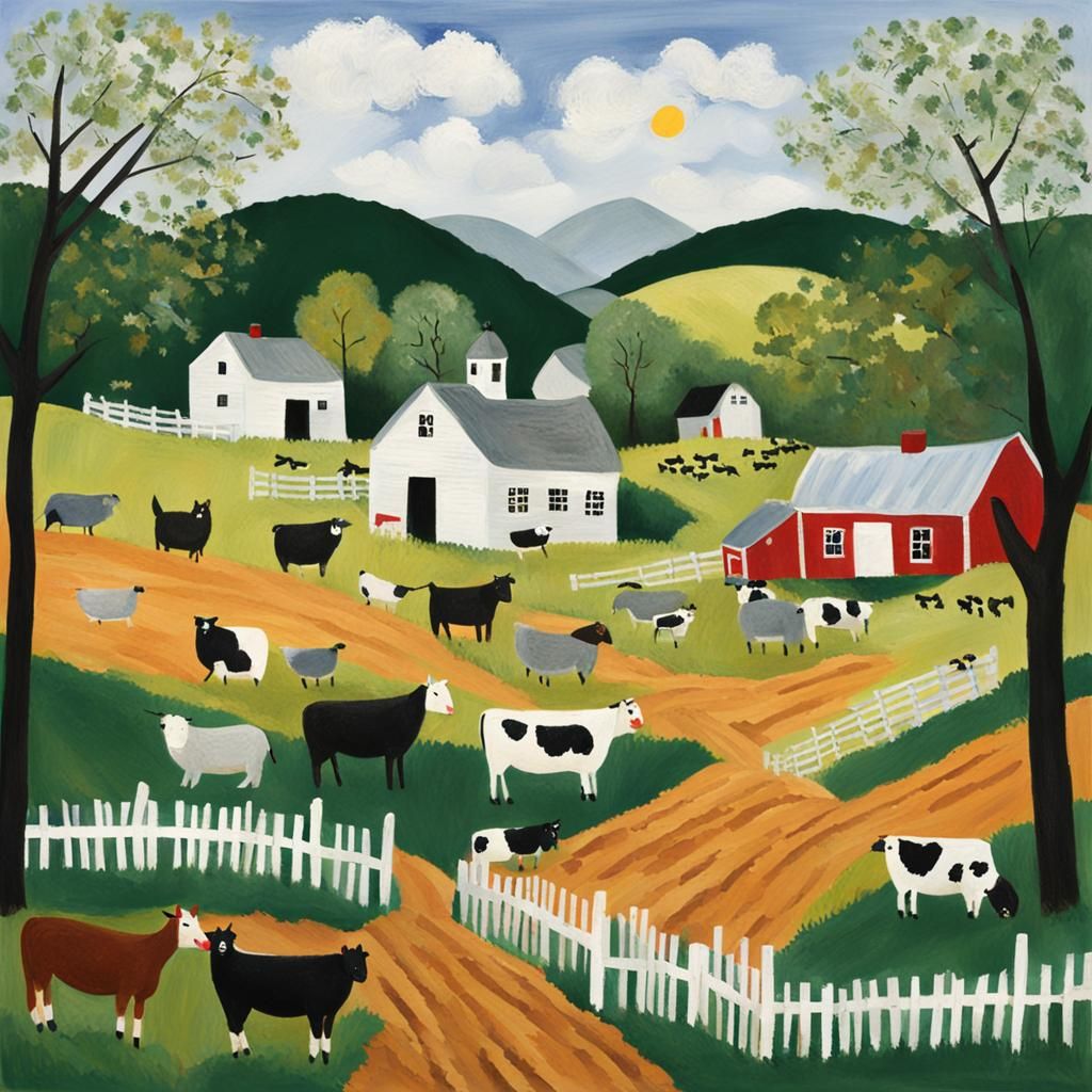 Picturesque Farmyard Scene in Naive Art Style