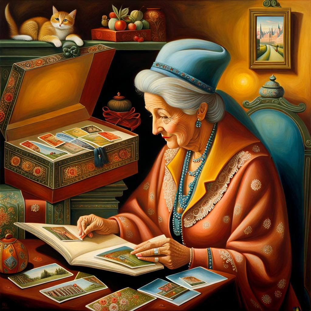 Serene Grandma Cherishes Postcard Memories