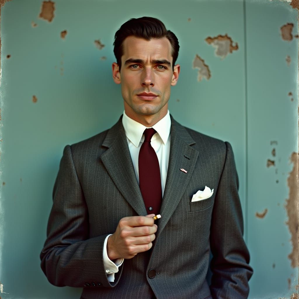 Elegant 1950s Gentleman Portrait in Charcoal Gray Suit