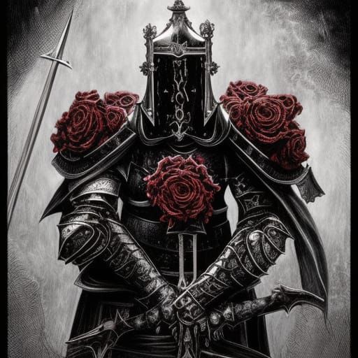 Grimdark Paladin in Rose Bed, Gothic Dark Fantasy