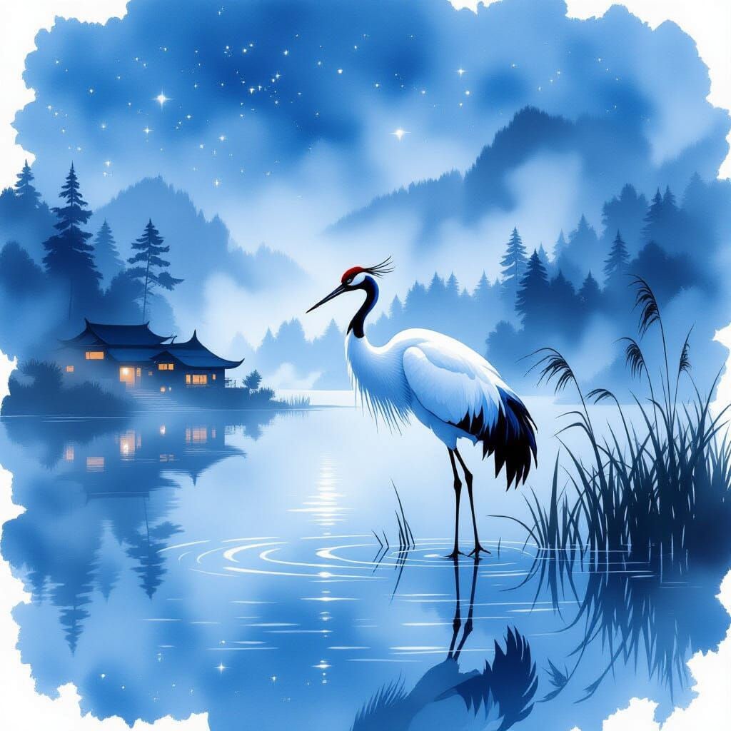 Chinese Crane in Misty Lake Landscape, Wet Watercolor Style