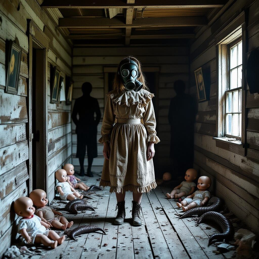 Surreal Gasmask Woman in Abandoned Cabin