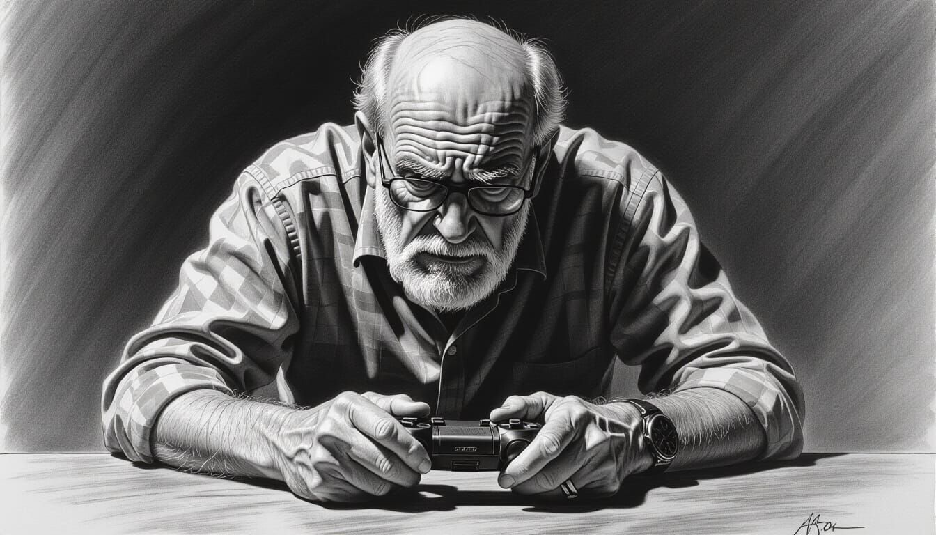Old Gamer Expresses Age With Charcoal Drawing Style