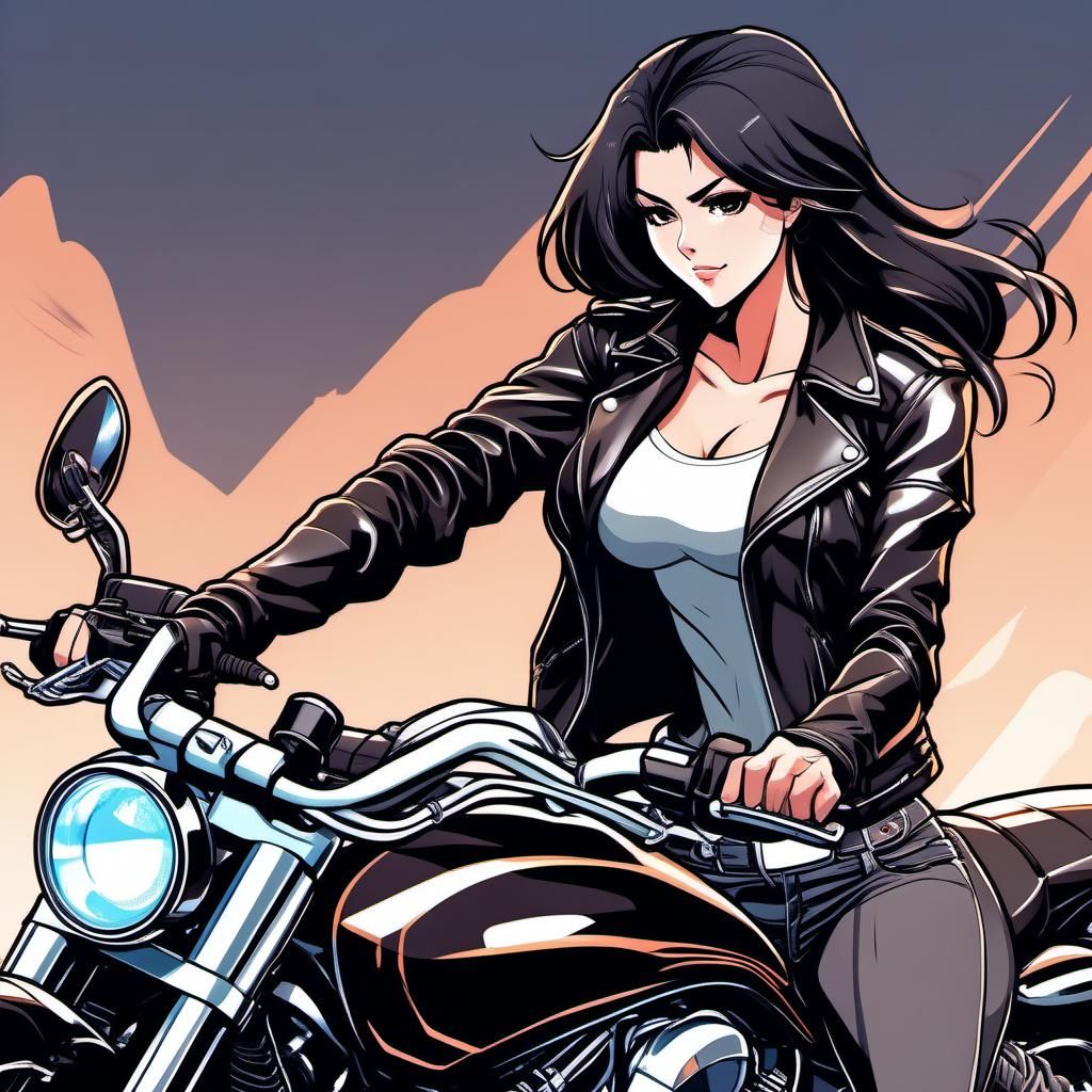 Exotic Biker Woman in Anime Cel-Shaded Style