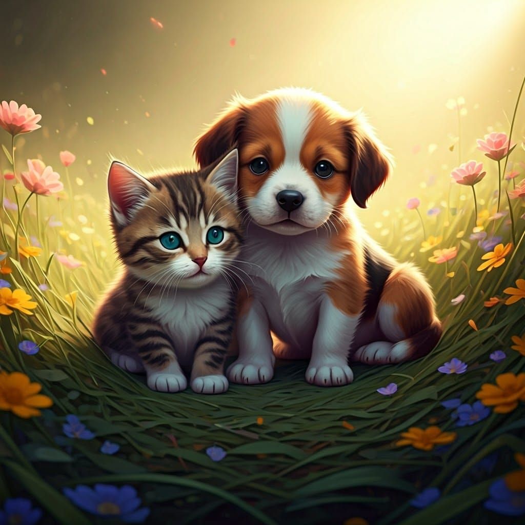Kitten and Puppy in Meadow, Hyper-Realistic Anime Style